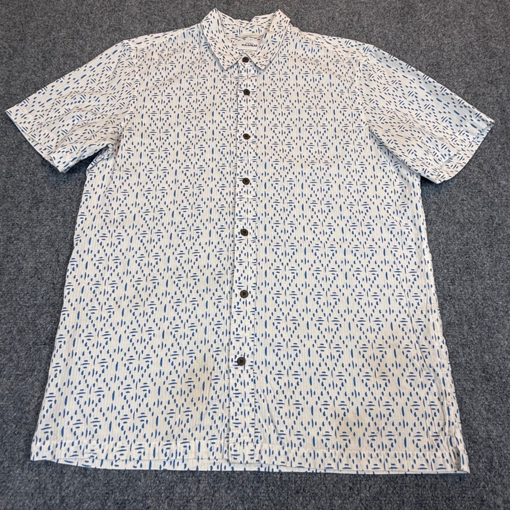 Pull&Bear Mens Large White Blue Dash Geometric Print Short Sleeve Button Down
